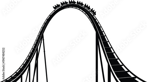 Roller coaster black silhouette with train climbing steep track isolated on white background for amusement park theme park adventure and extreme entertainment concepts