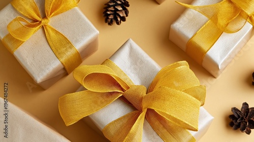Gift Wrapped With Golden Bow on Light Background