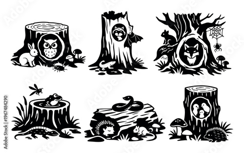 Wildlife creatures finding homes in natural surroundings, depicting foxes, owls, raccoons, squirrels, hedgehogs, and more