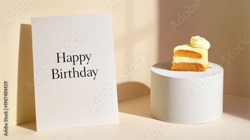 Happy Birthday Card and Cake Slice on a Simple Table in a Bright Room
