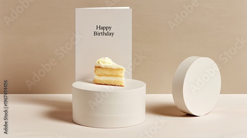 Birthday Card and a Piece of Cake on Simple Display With Plain Background