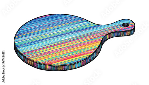 Round serving and cutting board with colorful striped pattern and handle