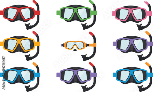Cartoon snorkeling masks in colorful vector illustration of diving equipment, swimming gear, and underwater adventure design