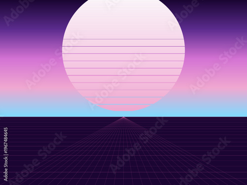 Vintage 80s Sunset Gradient Sky Perspective Grid Template