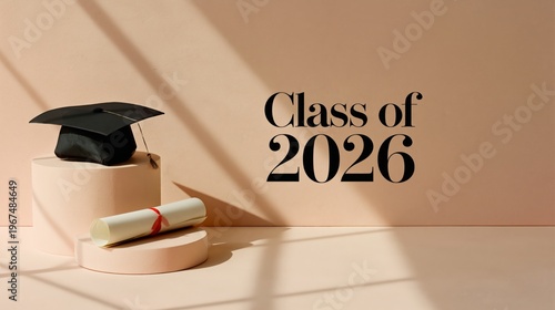 Graduation Cap and Rolled Diploma Celebrate Class of 2026 in Simple Setting W...