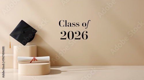 Graduation Cap and Rolled Diploma Celebrate Class of 2026 in Simple Setting W...