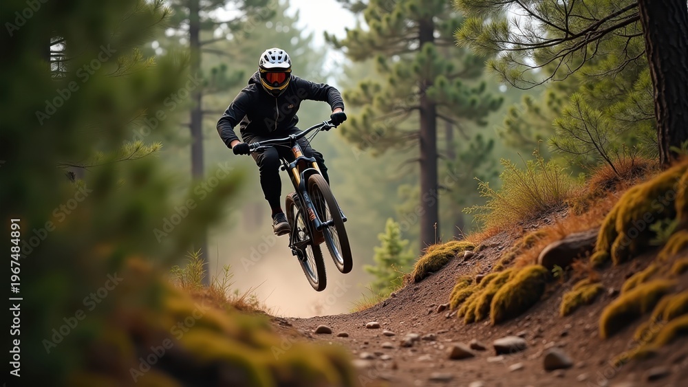 Naklejka premium Mountain biker flying off rocky trail jump in pine forest, bokeh blurred green trees background