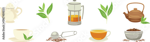 Cartoon tea preparation in colorful vector illustration of teapot, teacup, leaves, scoop, and brewing design