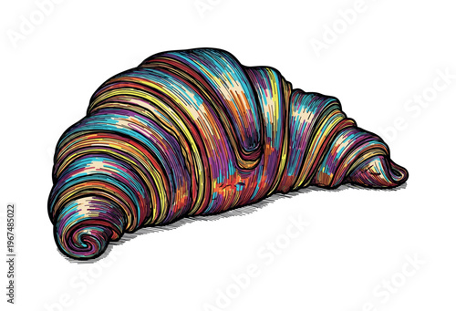 Vibrant, colorful croissant illustration with a unique, artistic flair