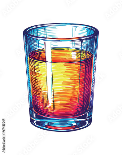 Glass of vibrant orange juice with colorful hatching detail