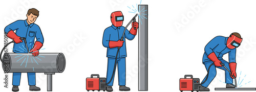 Cartoon welding workers in colorful vector illustration of metal fabrication, protective gear, and industrial workshop design