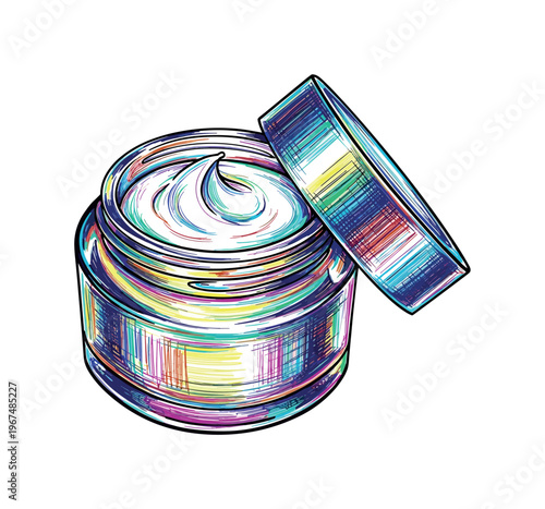 Open jar of cosmetic cream with swirling texture and colorful abstract lines