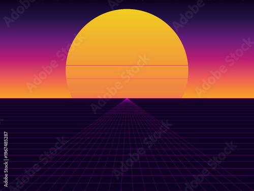 Outrun Sunset Synthwave Neon Landscape Wallpaper Art
