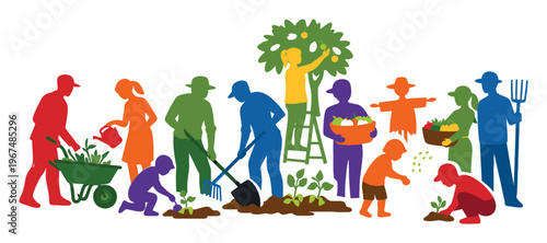 Group of people of all ages cultivating a garden, planting seeds, watering, raking soil, and picking fresh produce