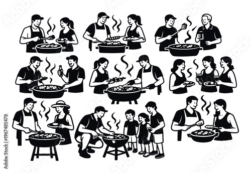 People enjoying barbecue grilling, cooking various foods outdoors during a picnic or summer party. Set of isolated black and white characters