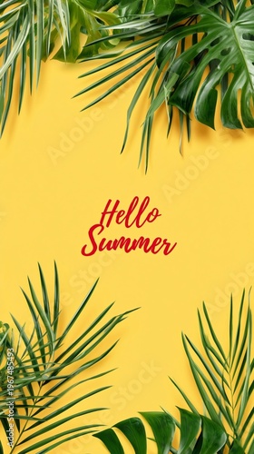 Greeting Summer With Green Leaves on Bright Yellow Background for Seasonal Celebration