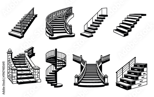 Collection of different staircase designs including straight, curved, spiral, and grand styles, illustrating architectural elements and interior concepts