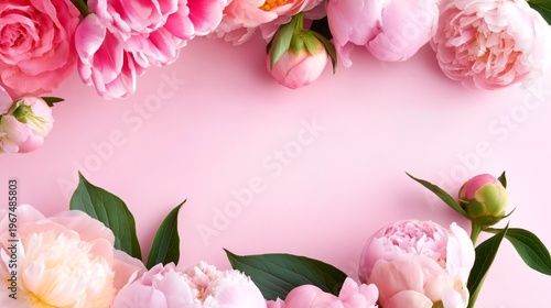 Fresh Peonies and Leaves Arranged on a Soft Pink Background for Floral Decora...