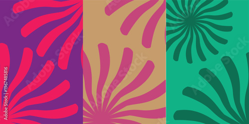 Vibrant colorful abstract background with swirling petal shapes in purple pink and green tones, energetic and bold design.