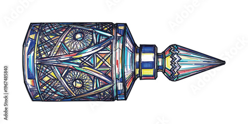 Ornate crystal perfume bottle with intricate geometric patterns and vibrant colors