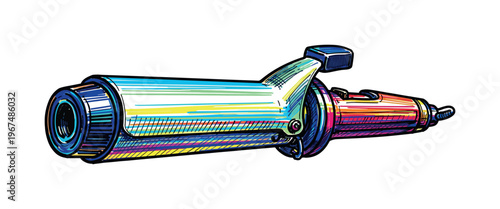 Stylized illustration of a colorful curling iron with a metallic sheen and vibrant stripes