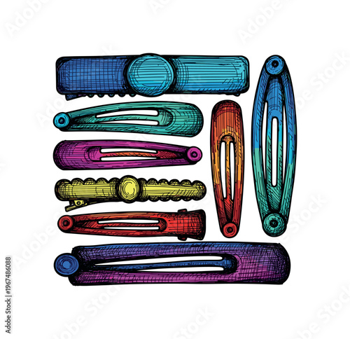 Collection of colorful hair clips and barrettes in a vibrant artistic style