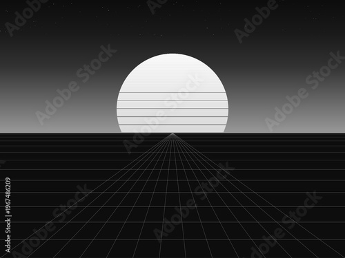 Retro Futuristic Sun Wireframe Grid Dark Background Vector