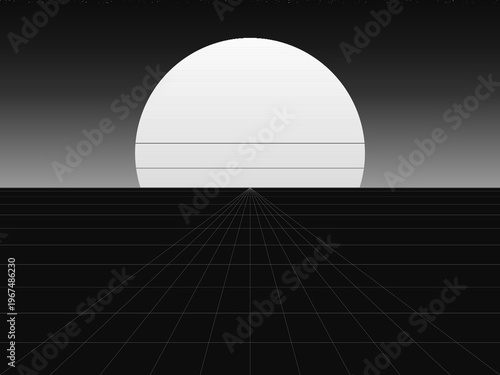 Retro Futuristic Sun Wireframe Grid Dark Background Vector