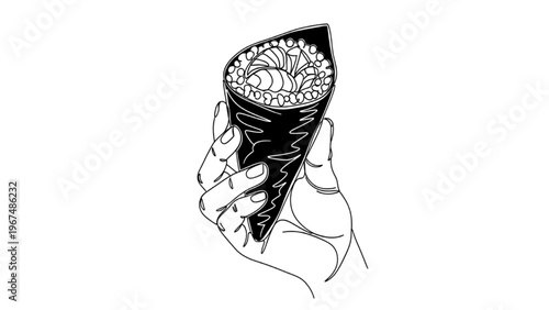 Sushi Day Temaki with Black Nori in Hand Line Art – Japanese Street Food Vector Illustration