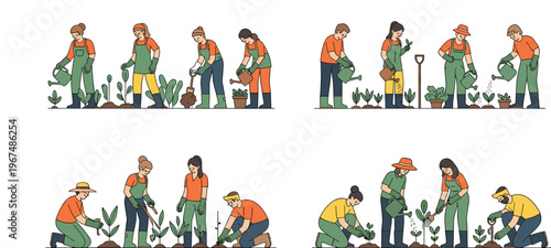 Gardening and planting activity collection with people watering, digging, and planting seedlings, outdoor horticulture illustration set isolated on white background