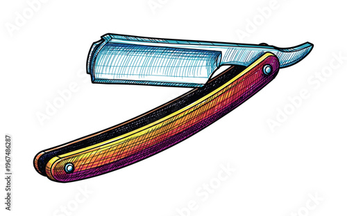 Vintage straight razor with colorful handle and sharp steel blade