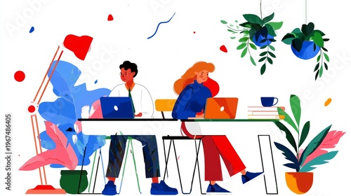 Workers Seated at Desk Using Laptops in Modern Office Setting With Plants and...