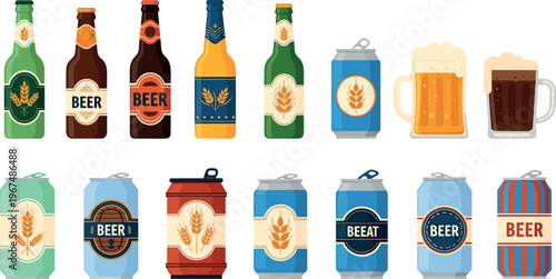 Collection of Beer Bottles and Cans with Various Labels and Designs, Beer Mugs and Alcohol Beverage Illustrations for Packaging and Branding