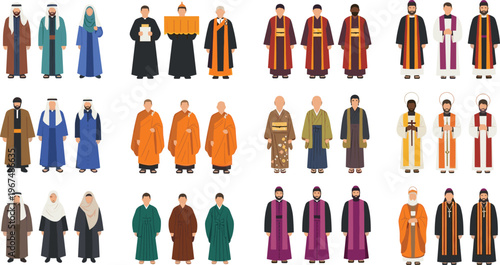 Religious and traditional clothing collection with diverse cultural robes and ceremonial attire, men and women in various faith garments illustration set isolated on white background