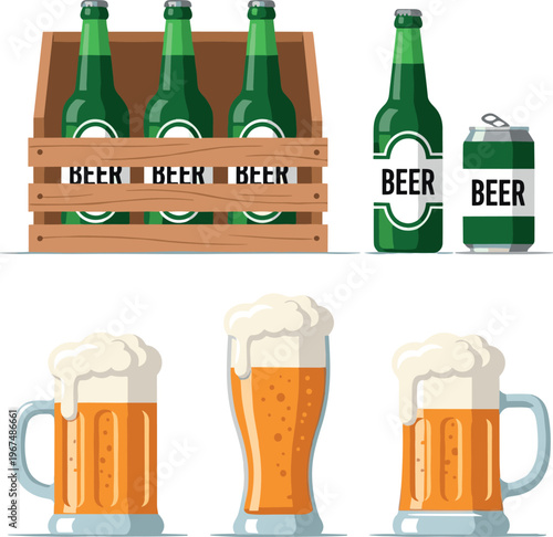 Collection of Beer Bottles, Cans, and Mugs with Beer, Alcohol Beverage Illustrations for Pub, Bar, and Drink Designs