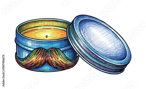 Hand-drawn tin of mustache wax with colorful handlebar mustache design