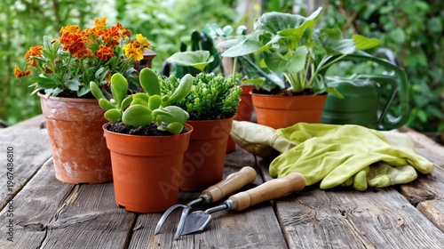 Planting Flowers and Vegetables in Pots on a Wooden Table Outdoors in Daylight