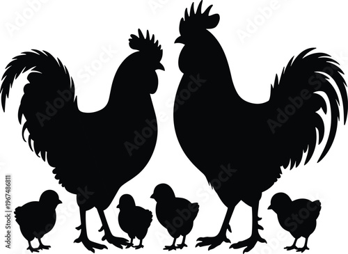 Black silhouette of five African elephants in a line facing right against a white background herd de