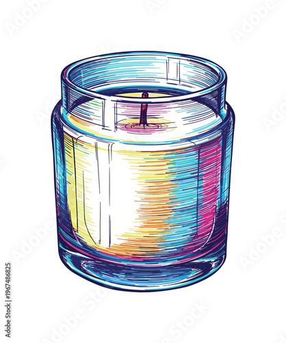 Colorful glass jar candle with a lit wick and vibrant textured wax