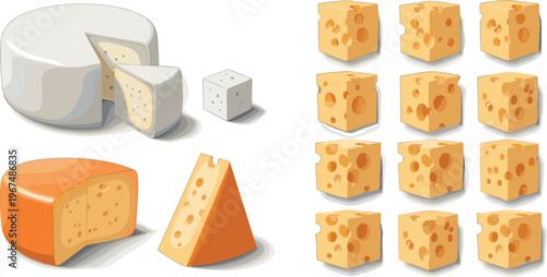 Collection of Cheese Types Including Blocks, Slices, and Wedges, with Holes, Vector Illustration for Dairy, Food, and Gourmet Themes
