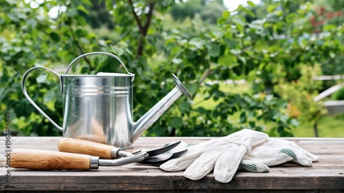 Garden Tools on Wooden Table Next to Colorful Flowers and Green Plants in Bri...