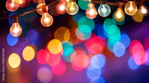 Colorful Lights Hang Above a Festive Setting During Evening Hours at an Outdo...