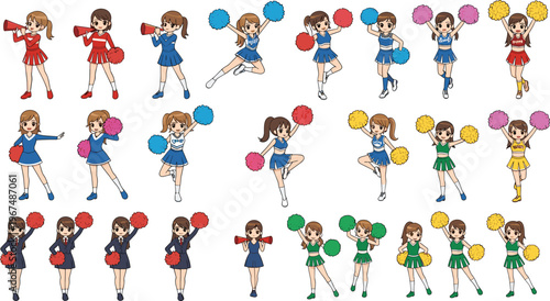 Cheerleader collection with girls performing dance and pom-pom routines, colorful sports spirit and school mascot illustration set isolated on white background