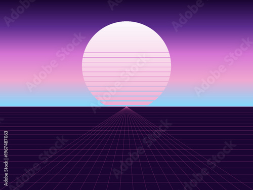 80s Retrowave Sun Horizon Perspective Grid Poster Art