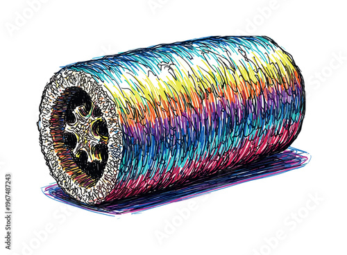 Colorful loofah sponge cross-section with fibrous texture and internal structure