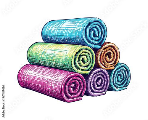 Stack of colorful rolled spa towels in a pyramid formation, hand-drawn style