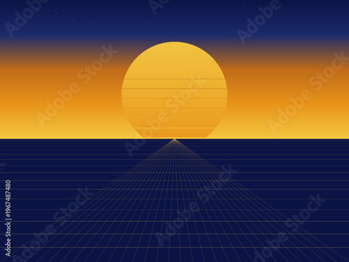 80s Retrowave Sun Horizon Perspective Grid Poster Art