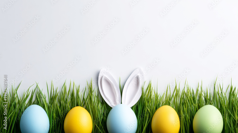 Fototapeta premium Colorful Easter eggs and playful bunny ears appearing from lush green grass on a bright background, symbolizing spring renewal