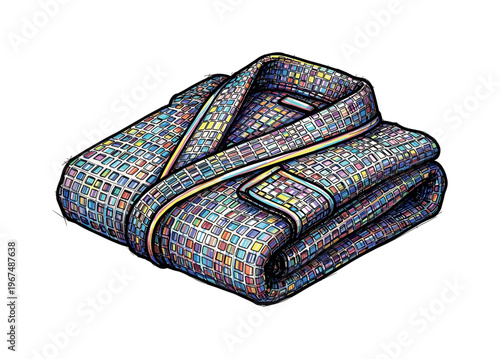Folded waffle texture spa robe with colorful geometric pattern