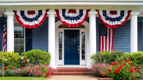 Colorful Front Porch Decorated for a Holiday in a Residential Neighborhood